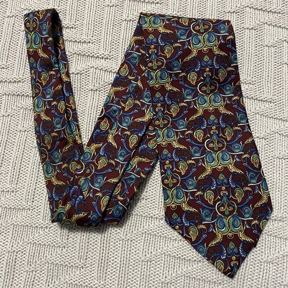 Dior maroon scroll print silk tie - Picture 1 of 5